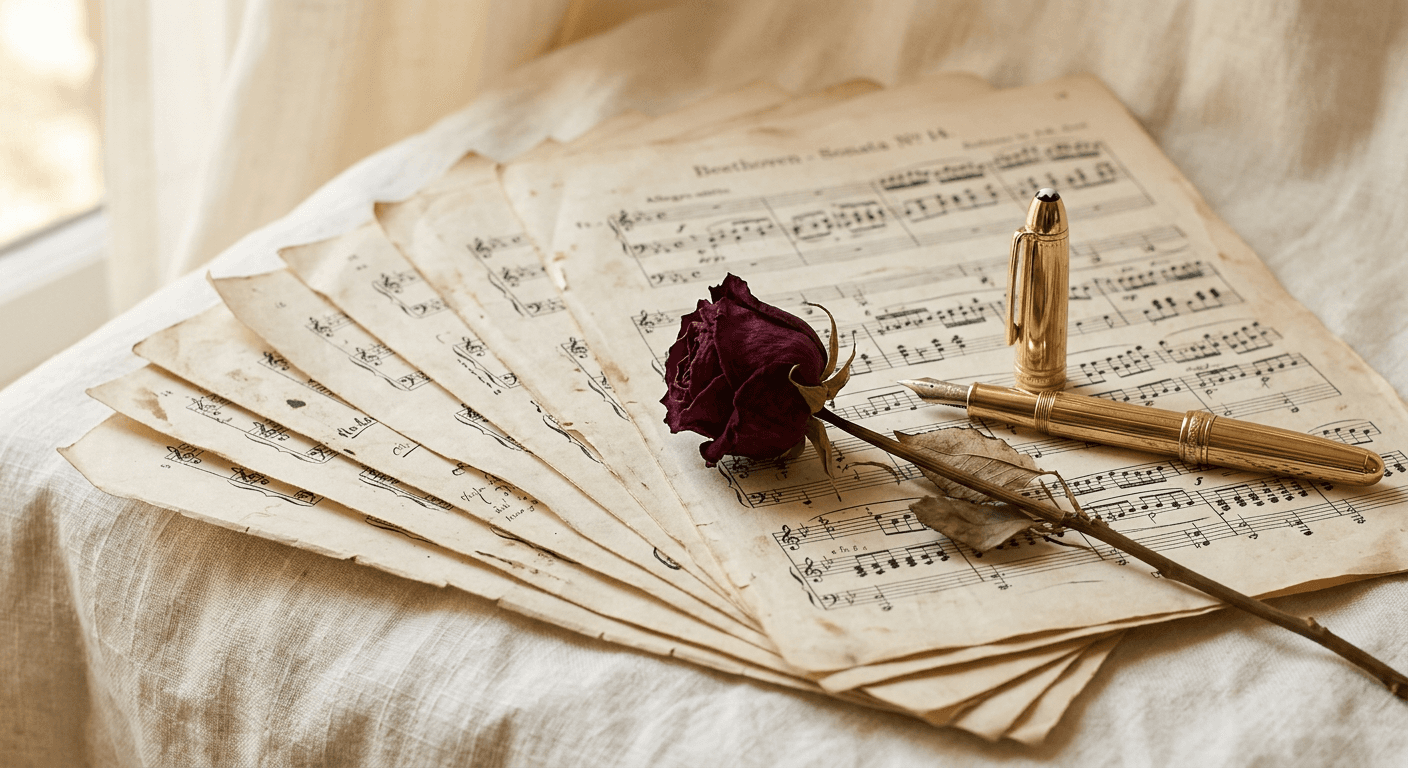 Classical sheet music fanned on ivory linen beside a dried rose