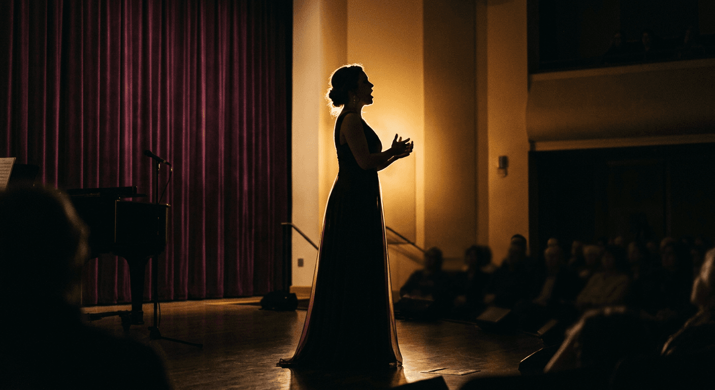 Roxane A. Wagner-Hollier performing on a recital hall stage under a warm spotlight
