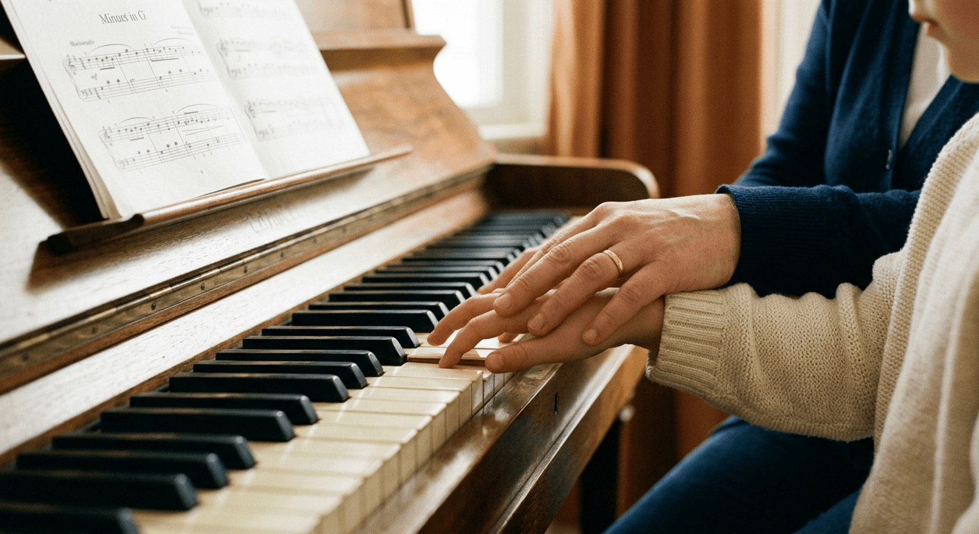 A young student's hands on piano keys with a teacher's hand guiding nearby
