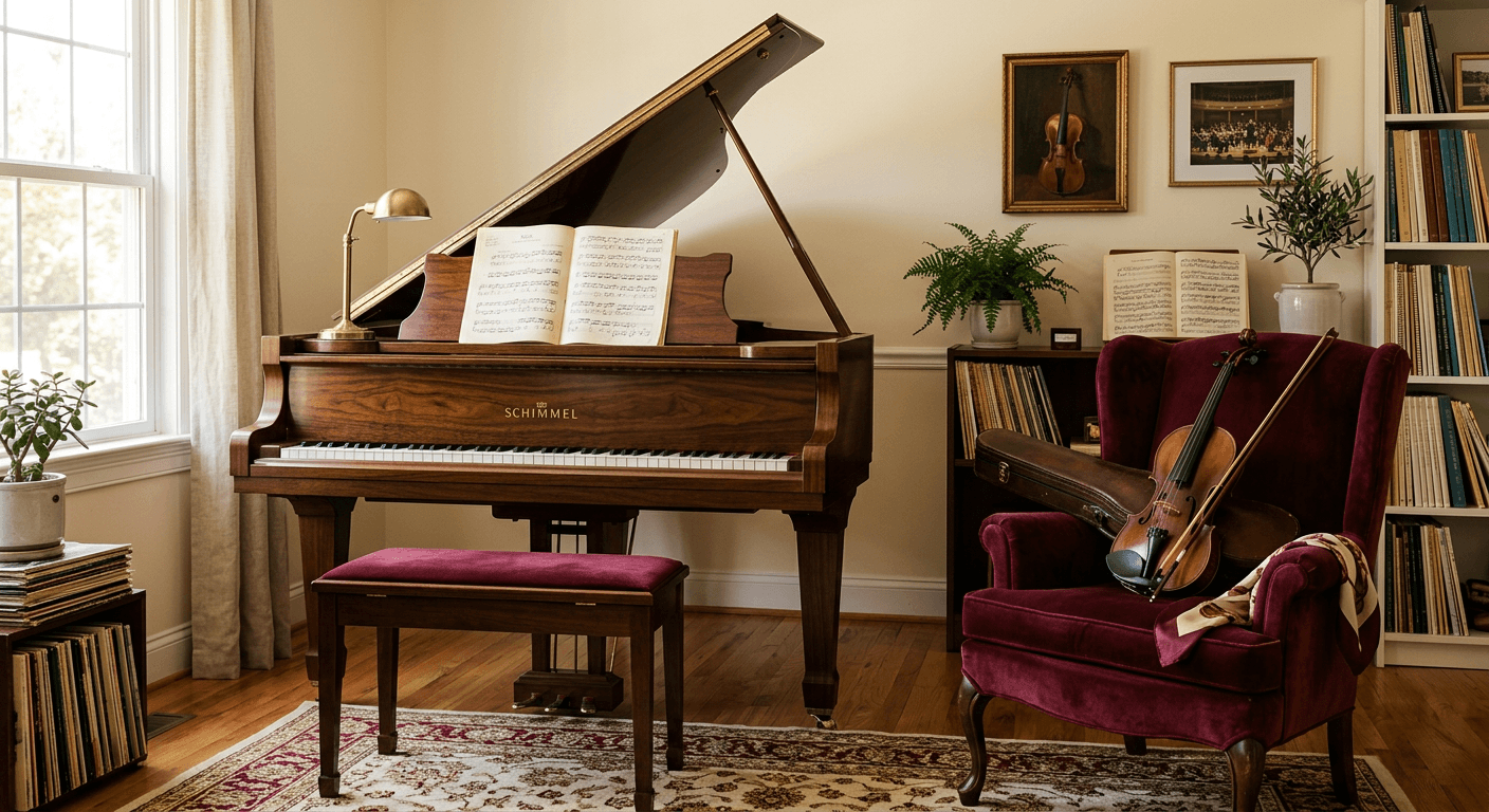 A grand piano in a quiet, sunlit teaching studio