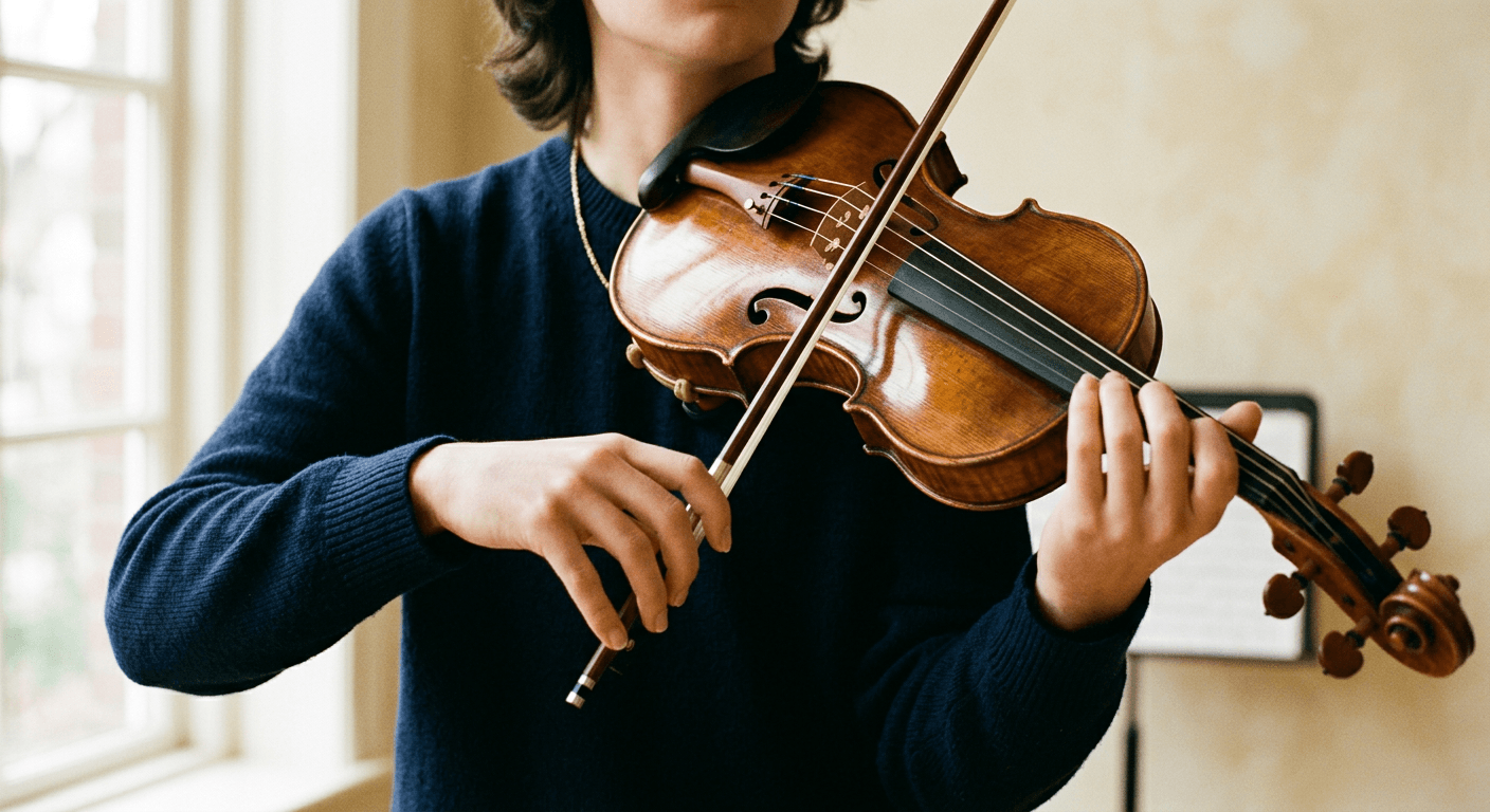 A student holding a violin and bow in playing position