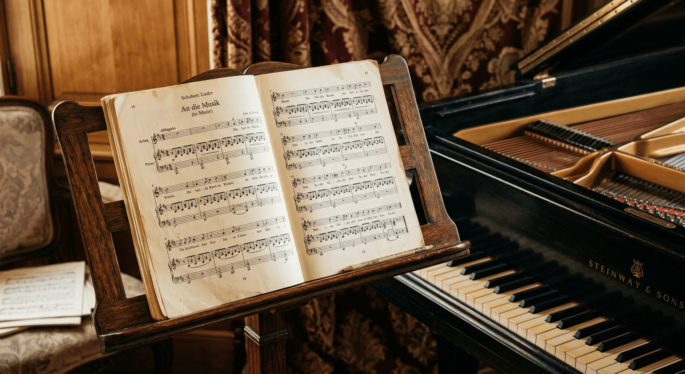 A vocal score open on a wooden music stand beside a grand piano